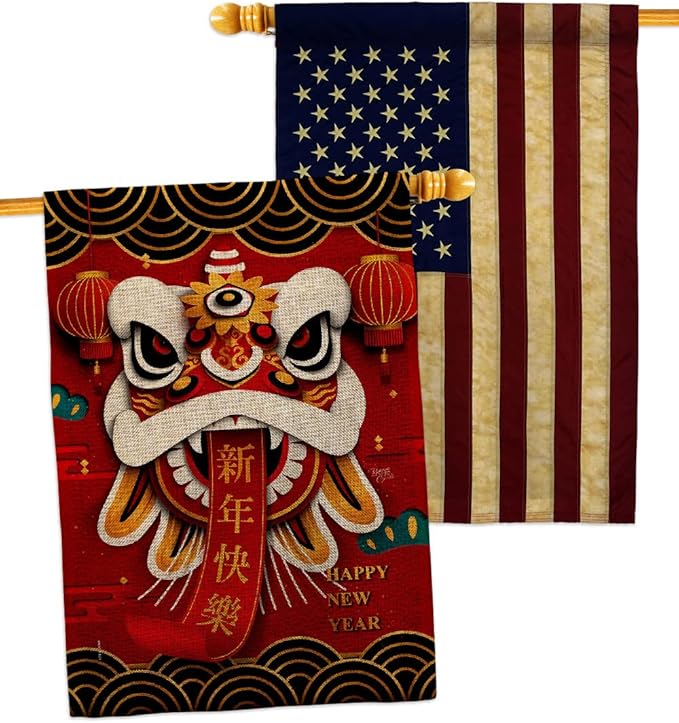 Happy Lion Dance Wall Decor American Flag Banner Pack Patio Garden Patriotic Outdoor Yard Indoor Burlap Tapestry Lunar New Year Gifts Chinese Decorations Made in USA