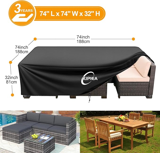 Kipiea Outdoor Furniture Covers Waterproof, 420D Heavy-Duty Patio Furniture Set Covers, No Tears Anti UV No Fading (74" L×74" W×28" H)