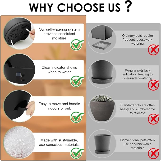 QRRICA 12/10/9 Inch Self-Watering Plant Pots with Water Level Indicator, Drainage Holes & Saucers – Large Plastic Planter Set for Indoor & Outdoor Plants (Pure Black)