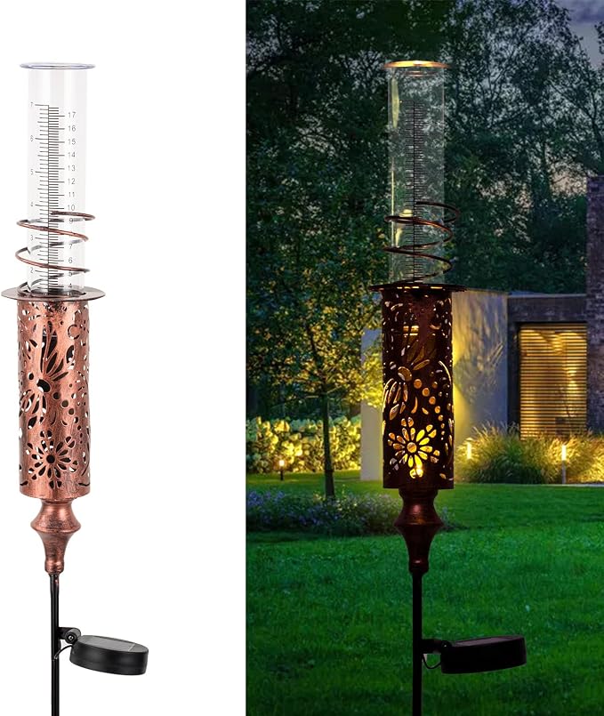 Copper Solar Rain Gauge Outdoor and 12" Bronze Sunflower Metal Outdoor Thermometer for Garden Patio Home Decor