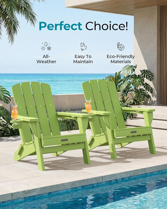 Folding Adirondack Chair Set of 2, HDPE Adirondack Chairs with 2 Cup Holder, Plastic All-Weather Fire Pit Chairs, Outdoor Lawn Chair for Patio Garden (Lime)