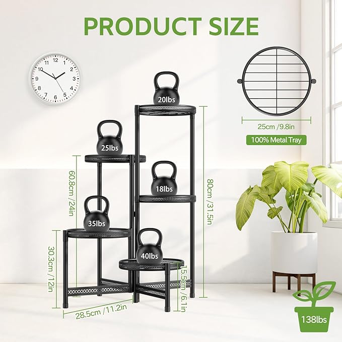 iDavosic.ly Metal Plant Stand for Indoor Outdoor Set of 2, 5 Tier Large Foldable Iron Carving Flower Pot Holder Shelf and 3 Layer Tall Vertical Display Rack for Patio Porch Living Room Garden, Black