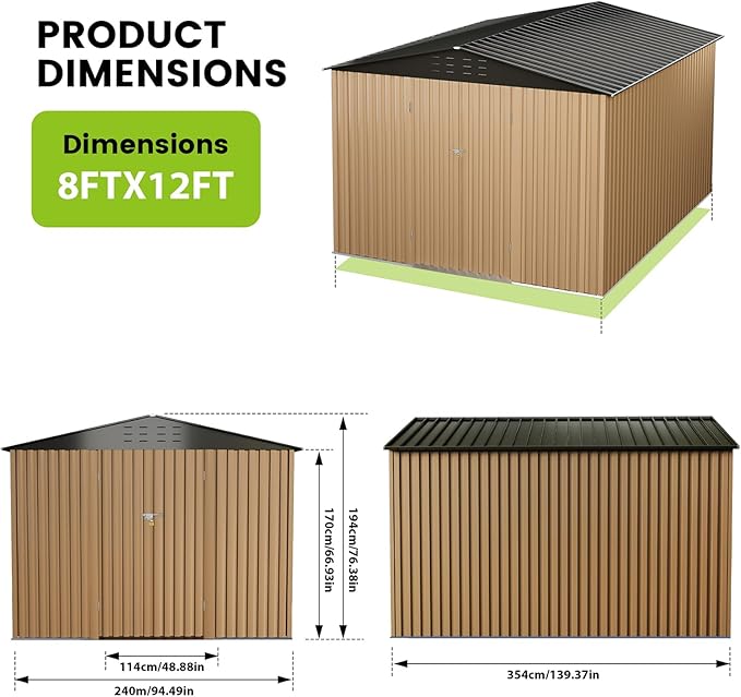 8x12 FT Outdoor Metal Storage Shed, Large Storage Sheds with Sturdy Frame Structure, Metal Garden Tool Shed with Lockable Door for Garden, Lawn, Backyard, Brown