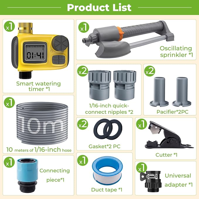 3 in 1 Smart Oscillating Sprinkler System with Timer, 3000 Sq.Ft Lawn Irrigation Kit, 360° Sprinkler, 33FT 5/8" Anti-Kink Hose, Solid Brass Connector for Yard, Lawn, Garden, Raised Bed, Outdoor