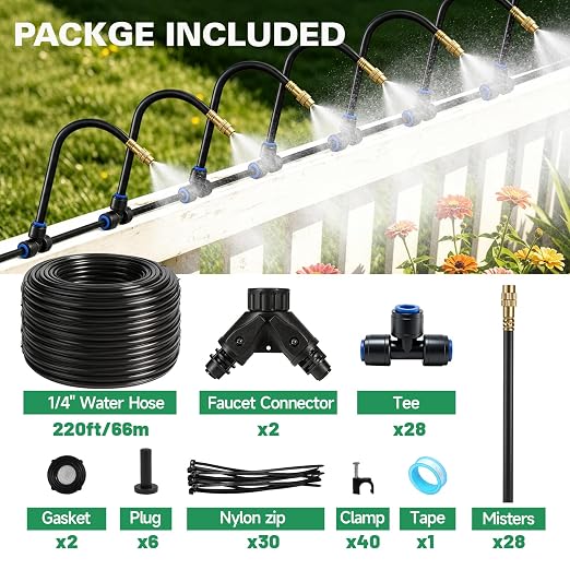 Riboud 220Ft Drip Irrigation System, 2026-Upgrade Garden Watering Kit with 28 Adjustable Copper Rotating Arm Nozzles, 360° Flexible Spray Irrigation Kit for Raised Beds, Lawn, Greenhouse