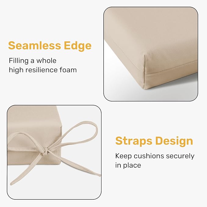 UNIKOME Outdoor Chair Cushions Pack of 4, Water Resistant Patio Cushions with Ties, High Density Sponge Filling Square Corner Seat Cushions for Outdoor Furniture, 19"*19"*3", Beige