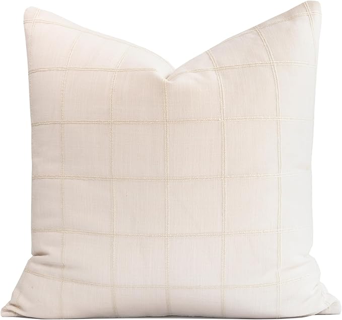 Crumbs Home Modern Farmhouse Fall Linen Indoor Outdoor Throw Pillow Cover Only, 22"x22" Water Repellent for Patio, Backyard, Couch, Neutral Beige Plaid