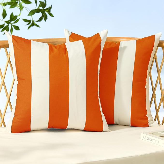 Allorry Outdoor Pillow Covers 18x18 Set of 2 Orange Striped Decoration Throw Pillow Covers for Spring Summer Outdoor Waterproof Garden Patio Furniture Sofa Bed Home Decor JB007-I18