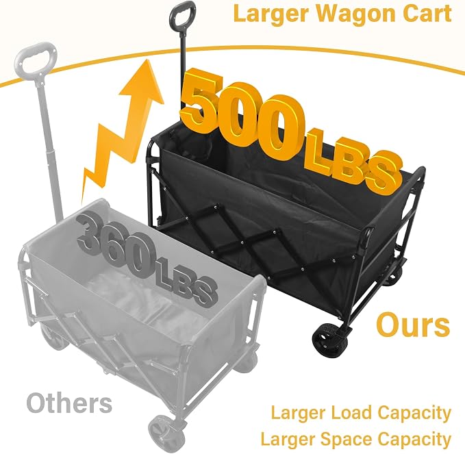 Collapsible Wagons Carts Foldable Heavy Duty, 500LBS Collapsible Wagon Cart Foldable with Wheels & Brakes, Large Folding Wagon Cart Utility for Camping, Picnic, Beach, Grocery, Sport, Shopping