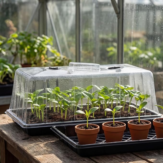 Vesici 10 Pack 1020 Plant Trays with Tall 7.87'' Humidity Domes Bulk Large Seed Tray with Handles 1020 Seed Starting Tray with Lid No Hole for Balcony Garden Seedling Planting Growing Seedling Starter