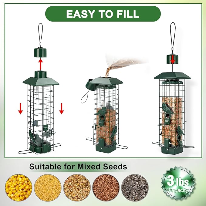 Gbekery Squirrel Proof Bird Feeder, Metal Mesh Feeders for Outdoors Hanging, Gravity Protection Wild Bird Feeders for Finch Chickadee, Weather Resistant, 3LB Large Capacity, Green