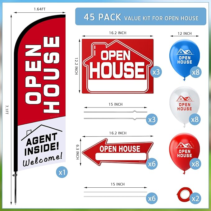 Open House Signs Kit (45 Pcs), 1 Pack Open House Flag, 9 Pack Open House Signs for Real Estate, Double Sided Directional Arrows Sign with Stakes and 24 Balloons for Real Estate Agents Supplies