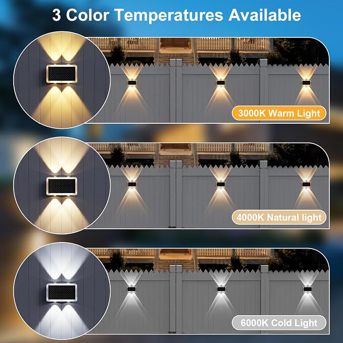AUDLES Solar Fence Lights Outdoor, New Up Down Lighting Fence Lights Solar Powered with 3 Modes 3000K/4000K/6000K, IP65 Waterproof Solar Wall Light for Backyard Wall Pathway Deck Patio Decor - 8 Pack