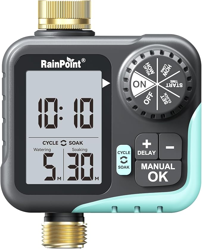 RAINPOINT Sprinkler Timer for Garden Hose - Hose Timer with Cycle & Soak/Rain Delay/Automatic Watering/Manual Watering, Programmable Irrigation System with Large Display, Brass Inlet & Outlet