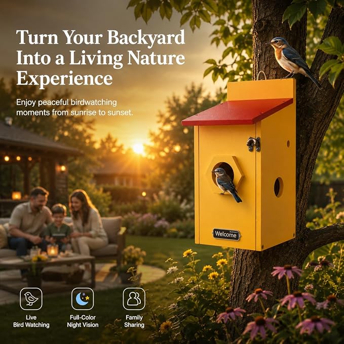 Smart Birdhouse with Camera for Backyard Bird Watching, Wooden Outdoor Nesting Box with App Live View, Motion Detection, Color Night Vision & Two-Way Audio