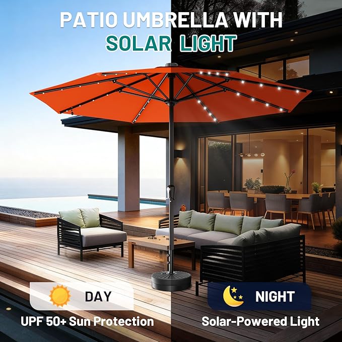 AreShark 11FT Large Patio Umbrella with Solar Lights, Lighted Solar Umbrella with Crank, Outdoor Table Market Umbrellas for Garden, Deck, Backyard, Pool and Beach, Orange