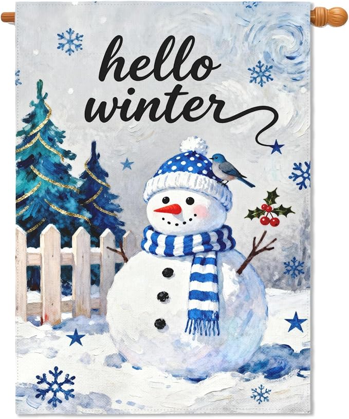 Hello Winter Snowman House Flag 28x40 Inch Snowflake January Decorative Garden Flags for Outside Double Sided Christmas Holiday Seasonal Outdoor Home Farmhouse Decoration Yard Porch New Year Decor
