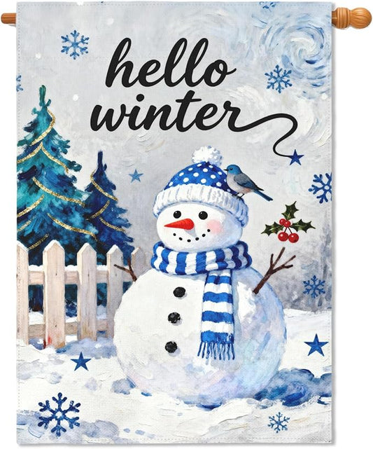 Hello Winter Snowman House Flag 28x40 Inch Snowflake January Decorative Garden Flags for Outside Double Sided Christmas Holiday Seasonal Outdoor Home Farmhouse Decoration Yard Porch New Year Decor