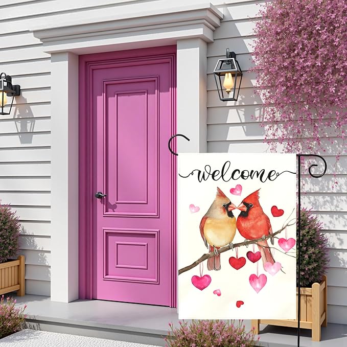 Welcome Valentine's Day Garden Flag Cardinal Love Heart Vertical Polyester Double Sided Yard Flags Holiday Anniversary Wedding Red Birds House Banner Farmhouse Valentines Day Decor 12x18 Inch