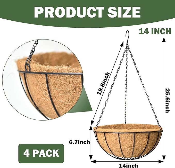 4 Pack 14 Inch Hanging Baskets for Plants Outdoor Metal Hanging Planter Basket with Coco Coir Liner Hanging Flower Baskets Hanging Flower Pots Holder for Garden, Patio(Watermelon)