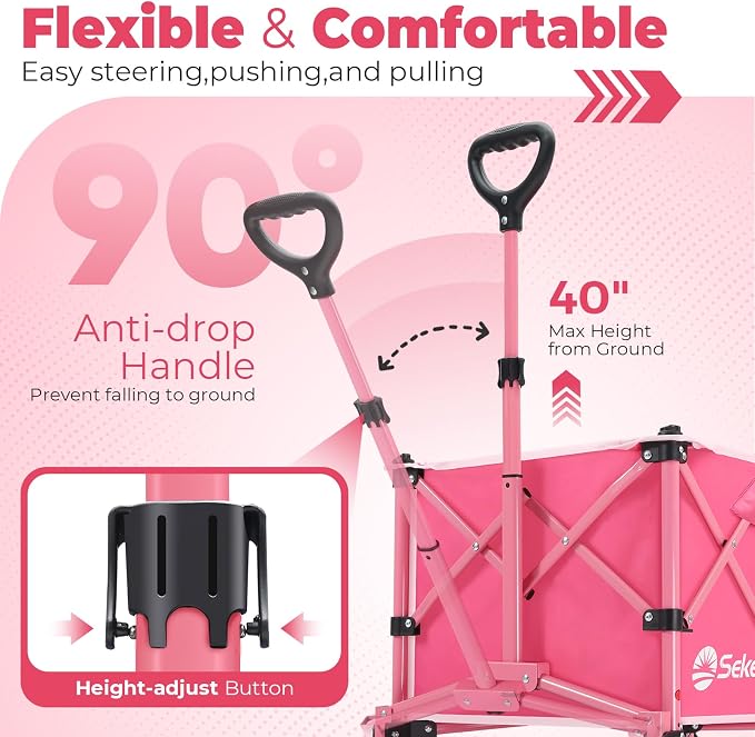 Sekey Collapsible Foldable Wagon with 330lbs Weight Capacity, Heavy Duty Folding Wagon Cart with Big All-Terrain Wheels & Drink Holders. Pink