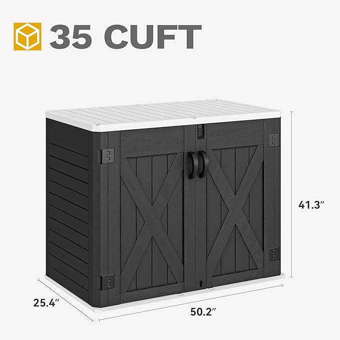 DWVO 35 Cu Ft Outdoor Storage Shed with Unique X-Shaped Lockable Door, Weatherproof Resin Tool Shed w/o Shelf for Gardening & Lawn Equipment, Dark Gray