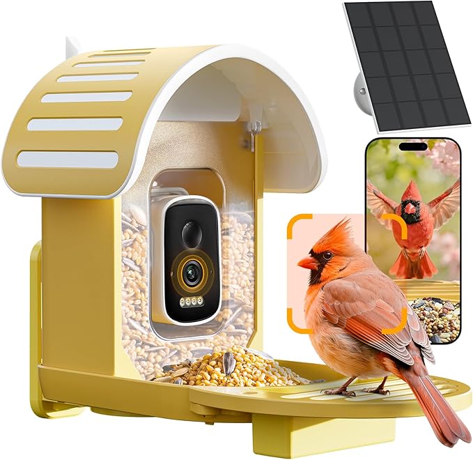 Smart Bird Feeder with Camera, 2.5K UHD Bird Camera AI Identifies 11,000+ Bird's Species, Real-time Bird's Videos & Pictures, Solar Powered Wireless Outdoor, Ideal Gift for Mom, Yellow