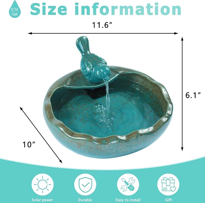 Ceramic Solar Fountain Bird Bath with Battery Backup,Bird Bath for Outside,Bird Bath Bowl for Garden, Patio & Yard Decor,Working at Night for at Least 6 Hours (Bird).