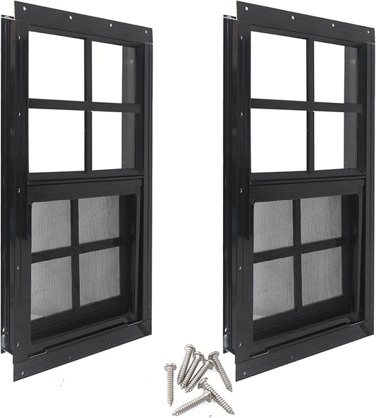 Yuzzy 12" x 18" Shed Windows with Tempered Glass and Fiberglass Screen, 2 Pack Small Sliding Windows for Shed, Chicken Coop, Playhouse, Household, Garage, Barns (Black)