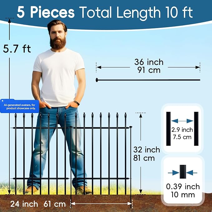 Thealyn Metal Garden Fence 32 inch H x 24 inch W (5 Panels, Total Length 10 ft) No Need Dig Outdoor Rustproof Animal Barrier Fencing Border Fence for Dog, Patio,Yard, Landscape, Flower Bed
