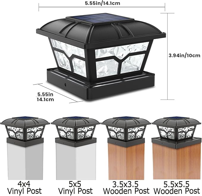 SIEDiNLAR Solar Post Cap Lights Outdoor 2 Color Modes 8 LEDs for 4x4 5x5 6x6 Posts Fence Patio Deck Decoration Warm White & Cool White Lighting Black (1 Pack)