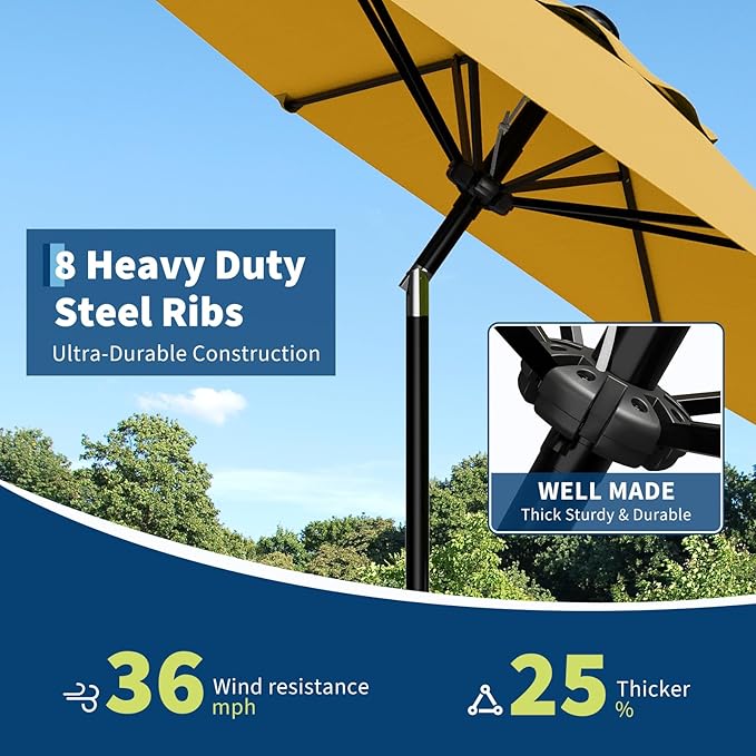 GarveeLife 10FT Umbrella Outdoor Patio, Table Umbrella with Push Button Tilt and Crank, 8 Sturdy Ribs Waterproof UV Protection for Garden, Pool, Deck, Backyard, Market (Yellow)