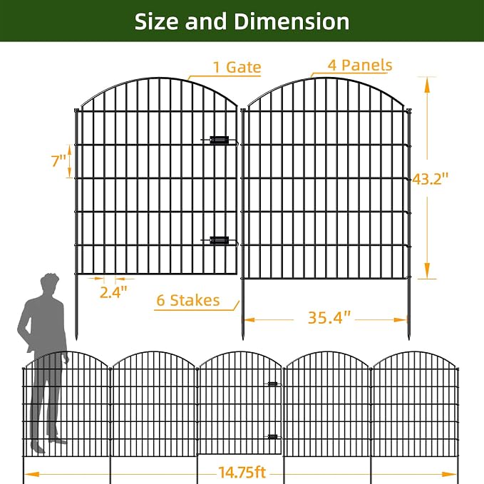 FOREHOGAR Heavy Duty Metal Garden Fences with Gate ECG1191, 1 Gate + 4 Fence Panels, 43.2in Tall and Total Length 14.75ft, Fencing for Dogs Animal Barrier Temporary Yard Border Outdoor, Black