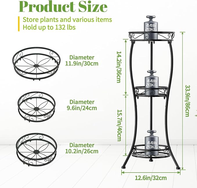 iDavosic.ly Plant Stand for Indoor Outdoor 2 Pack, 3 Tier Wrought Iron Vertical Flower Holder Shelf and 5 Layer Metal Pot Display Rack for Patio Porch Garden Living Room, Black