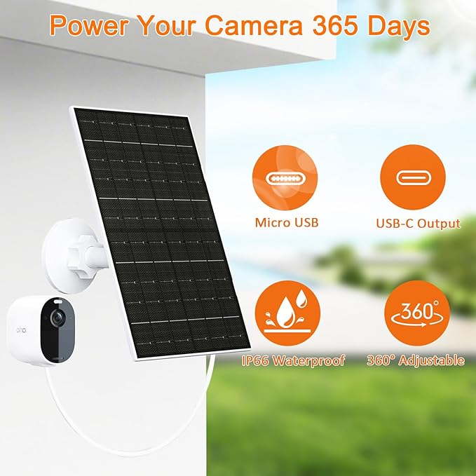 FUTUREZEN 6W Solar Panel for Arlo Camera, 5V USB/Type-C Solar Charger Compatible with Arlo Essential 2K (2nd Gen), Essential XL & Spotlight Cameras, 9.8ft Cable, Waterproof, Adjustable Mount, 2 Pack
