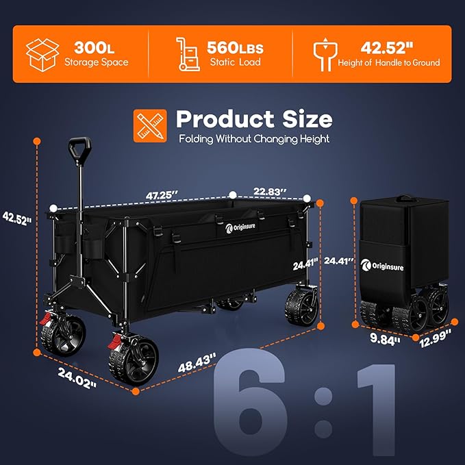 48" L Collapsible Wagon Cart Foldable, 560lbs Weight Capacity 300L Heavy Duty Folding Beach Wagons with Big All-Terrain Wheels, Utility Carts for Groceries, Shopping, Camping, Sports - Black
