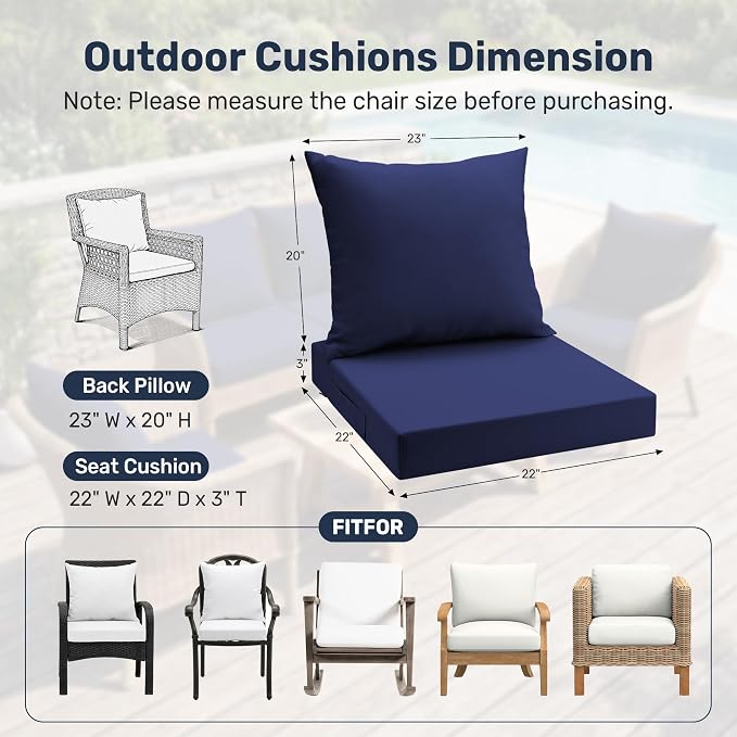 UNIKOME Outdoor Seat Cushions 22 X 22 Inch - Water-Resistant & Fade Resistant, Removable Cover Patio Furniture Cushions for Chair, Sofa, Couch, Wicker, Navy