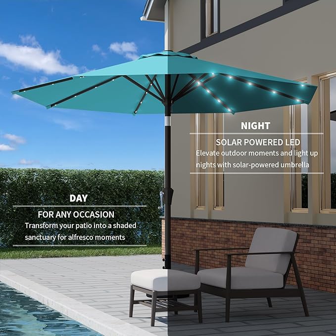 9FT Patio Umbrella with Solar Lights,Outdoor Market Umbrella with Tilt and Crank, LED Lighted Table Umbrella for Garden,Deck,Backyard,Pool,Beach