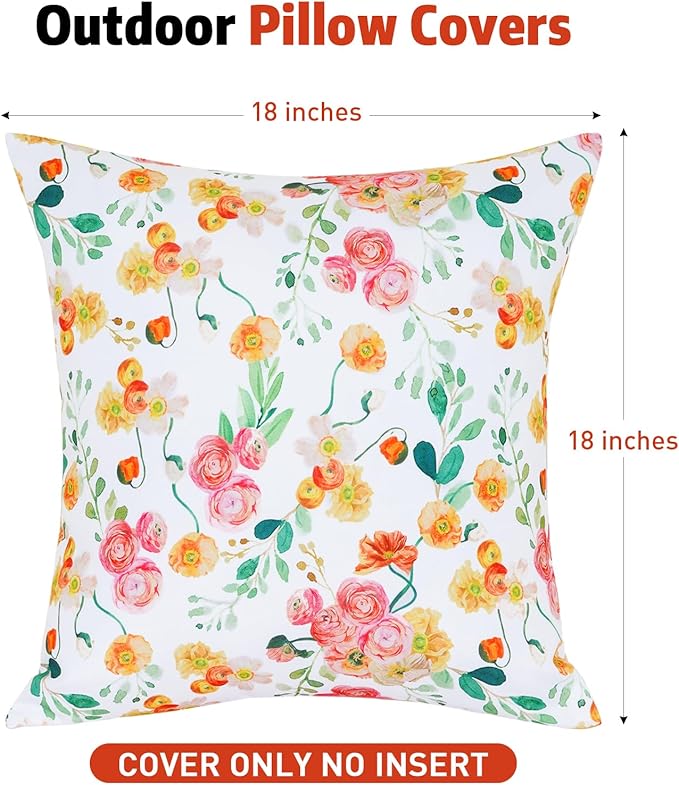 SquarePie Outdoor Pillow Covers 18x18 Inch Set of 2 - Waterproof Rose Square Cushion Covers for Patio Garden Furniture, Watercolor Florals Throw Pillow Cases for Couch Sofa Balcony Bench