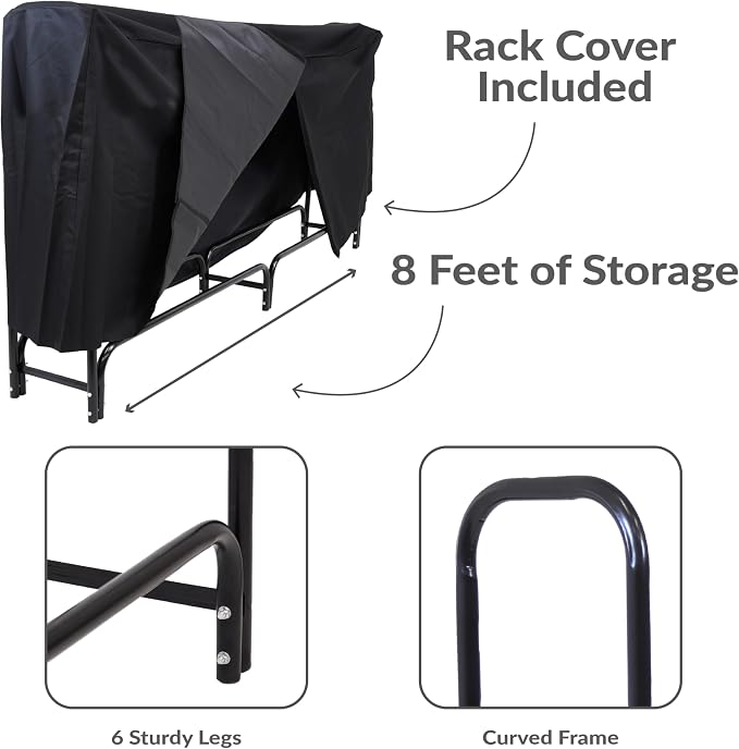 Sunnydaze 8-Foot Firewood Rack with Cover - Outdoor Wood Storage - Heavy-Duty Steel Log Holder - 1500-lb Capacity