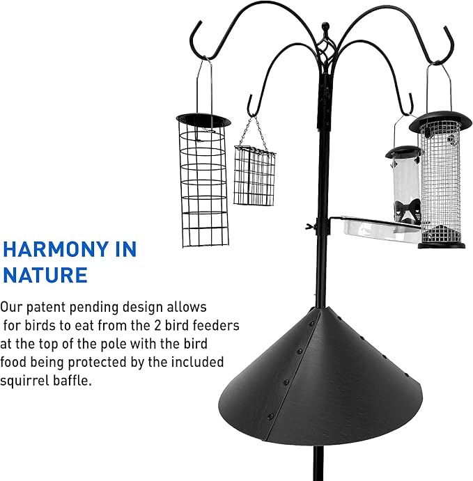 EasyGo Product Squirrel Proof Bird Feeder Wild Bird Station - Powder Coated 81 Inch Steel Pole Squirrel Baffle 4 Bird Feeders 1 Squirrel Peanut Feeder - 5 Prong Base PATENTS PENDING