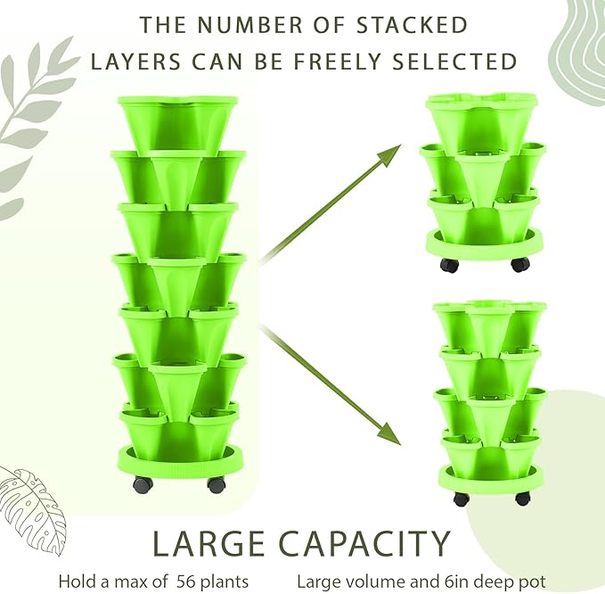 Umigy 1 Set Light Green 7 Tier Vertical Planter Stackable Tower Planters Strawberry Herb Flower and Vegetable Pots Indoor Outdoor Gardening Pots with Removable Wheels and Tools