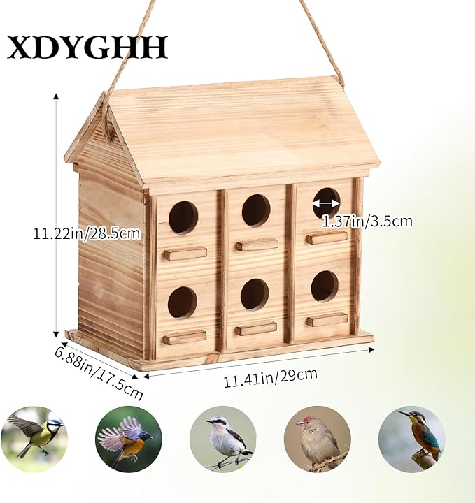 Bird Houses for Outside, 12 Hole Wooden Bird House for 12 Bird Families, Large Hanging Birdhouse Nesting Box for Wren Finch Bluebirds, Outdoor Garden Bird Hotel