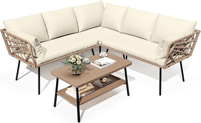 DWVO Outdoor Sectional Sofa 4 Piece 5-Seater Rattan Patio Furniture Set with 2-Tier Coffee Table&Cushions L Shape Couch Boho Conversation Sets for Garden Porch Backyard Relaxation