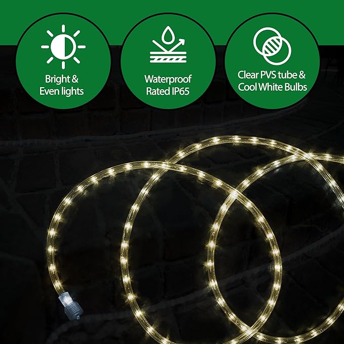 Tupkee LED Rope Light Warm-White - 24 Feet (7.3 m), for Indoor and Outdoor use - 10MM Diameter - 144 LED Long Life Bulbs Decorative Rope Tube Lights - Pack of 2