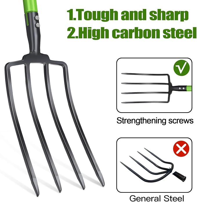 GARDENWORK Garden Fork,45-Inches Pitch Fork with Steel Y-Grip,Heavy Duty Gardening Spading Fork,4 Metal Tine,Compost Fork,Digging Fork