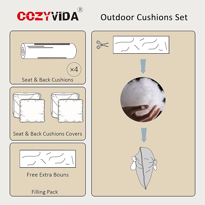 COZYVIDA Outdoor Deep Seat Cushion Set of 2, 24"x24"x5.5" Seat & 25"x22.5" Back, C0 Water-Resistant Breathable Polyester, UV-Resistant 1000+ Hrs, 30D Foam with Recycled Fiber Fill,Boho Paisley,Beige