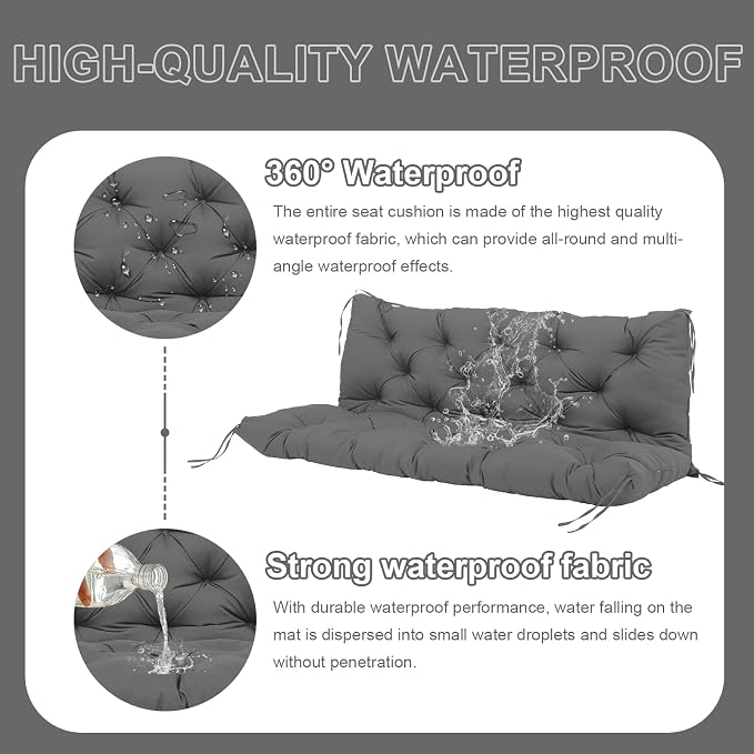 Outdoor Swing Cushions 3 Seater Waterproof Extra Thick 5 inch Porch Swing Cushions Outdoor 58 inch Sturdy Durable with Backrest & 8 Ties Not Easy to Fade Swing Cushion for Outdoor Furniture