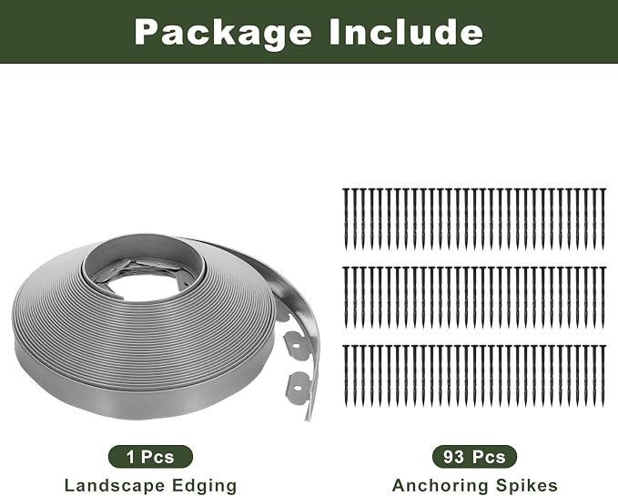 uxcell Landscape Edging, 1Pcs 100FT x 2" - Garden Edging Kit with 93 Stakes, Landscape Edging Border for Garden Lawn Flower Bed Yard Grass (Grey)
