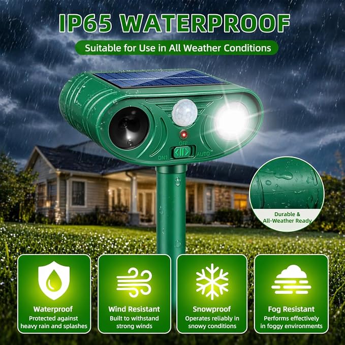 4 Pack Solar Ultrasonic Animal Repeller Outdoor, Cat Deterrent & Deer Repellent Device, Waterproof Squirrel Rabbit Control Deterrent with Motion Sensor & LED Waterproof Cat Deterrent for Garden Yard